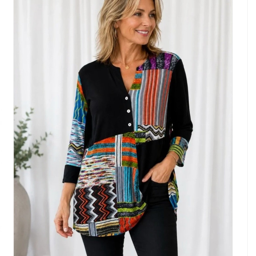 Parsley & Sage Abstract Patchwork Long Sleeve Tunic Top Sz2X Artsy Boho